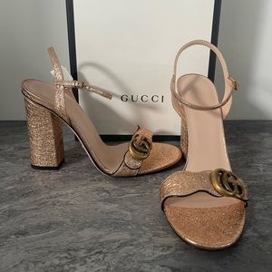 Gucci Metallic Rose Gold Leather GG Marmont Ankle Strap High Heels
